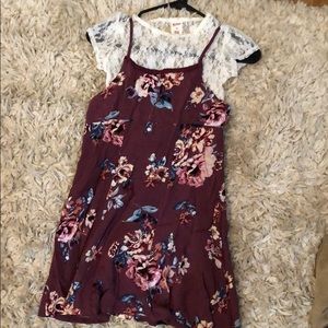 Floral maroon two-piece dress with lace shirt.